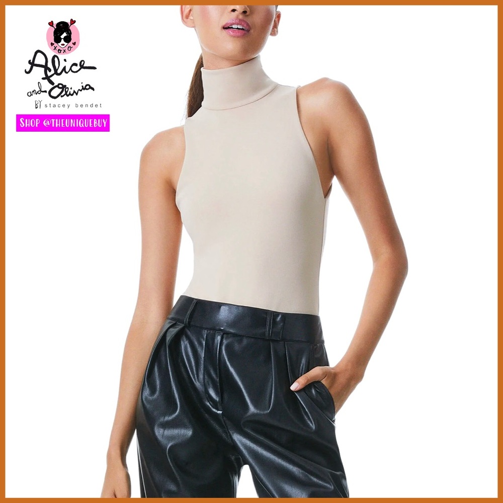 Alice + Olivia Lenora Almond Turtleneck Sleeveless Bodysuit Top